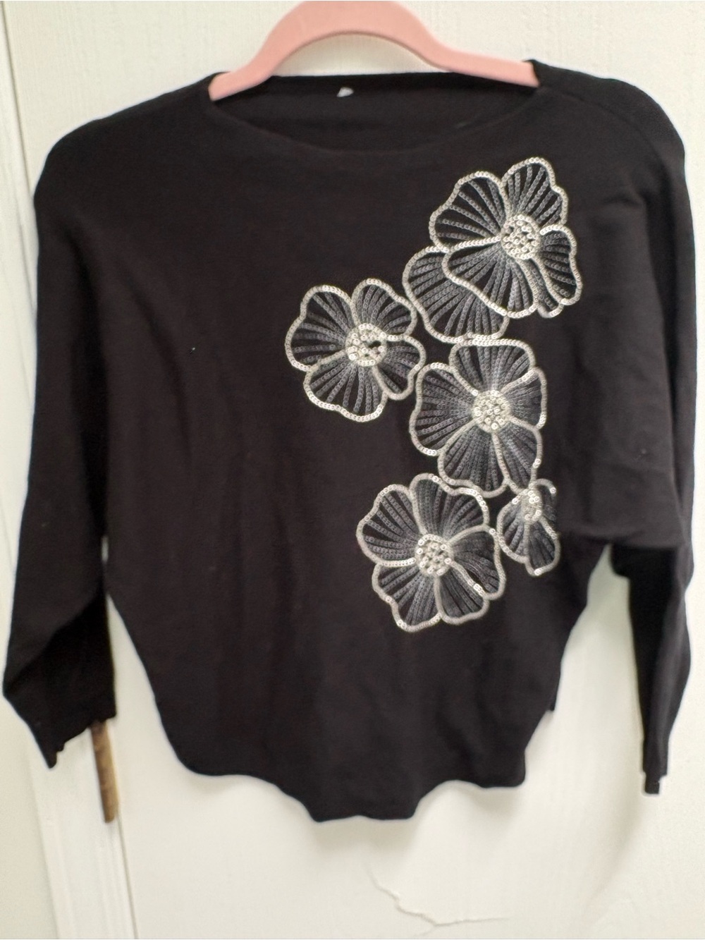 🛑  2/$15 Black Knit Top with Silver Beaded Floral Detail